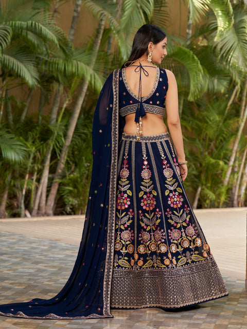 Navy Blue Embroidered Georgette Lehenga Choli