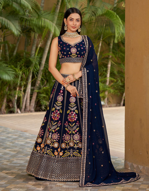Navy Blue Embroidered Georgette Lehenga Choli