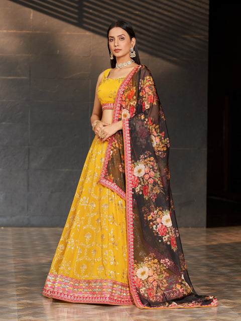 Yellow Embroidered Georgette Lehenga Choli