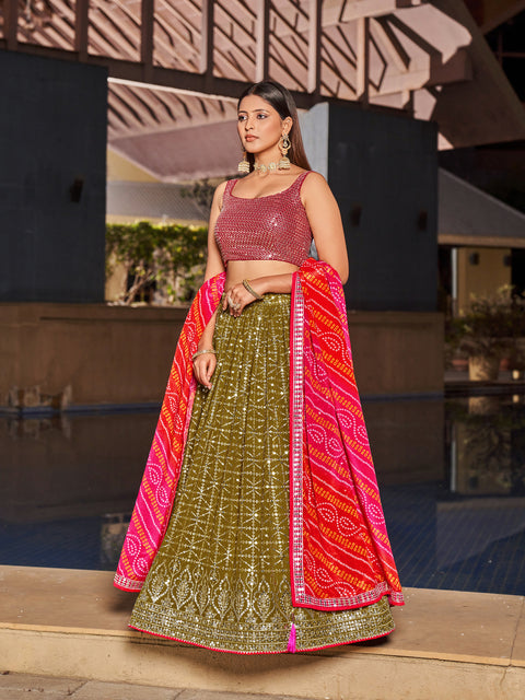 Olive Sequins Embroidered Georgette Lehenga Choli