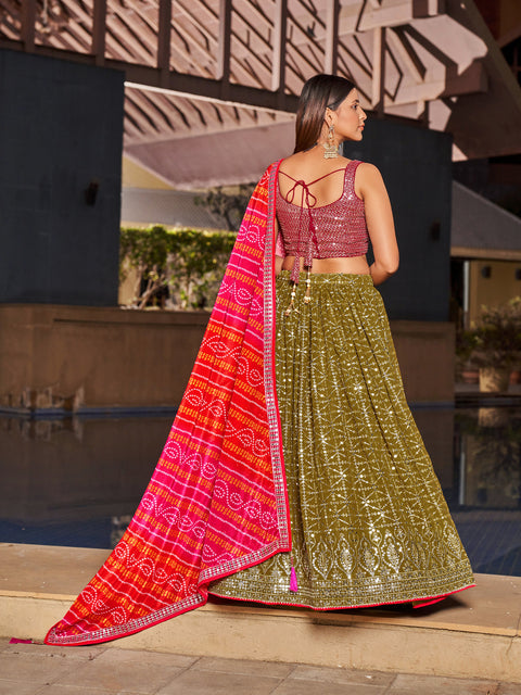 Olive Sequins Embroidered Georgette Lehenga Choli