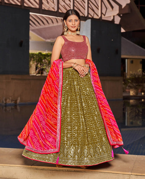 Olive Sequins Embroidered Georgette Lehenga Choli