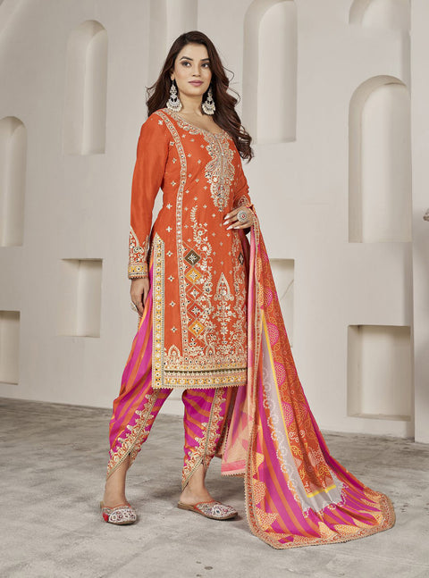 Orange Mirror Embroidered Chinon Dhoti Salwar Suit