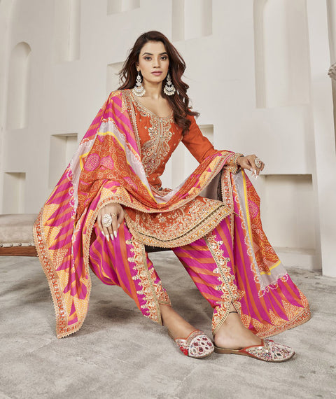 Orange Mirror Embroidered Chinon Dhoti Salwar Suit