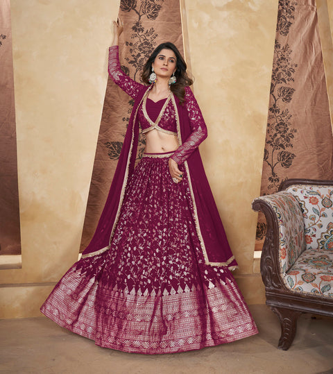 Deep Pink Georgette Lehenga Set With Foil Work