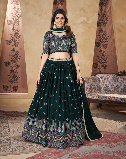 Green Georgette Lehenga Set With Foil Work