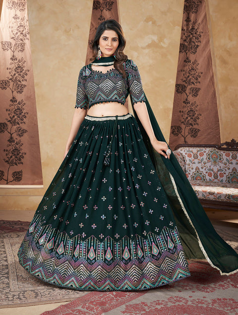 Green Georgette Lehenga Set With Foil Work