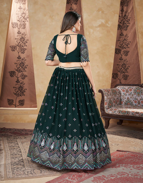 Green Georgette Lehenga Set With Foil Work