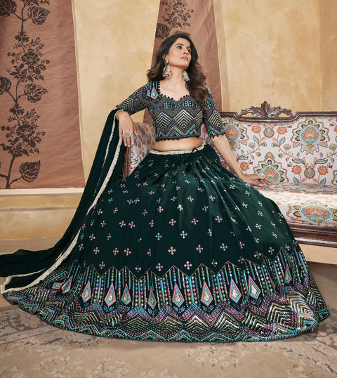 Green Georgette Lehenga Set With Foil Work