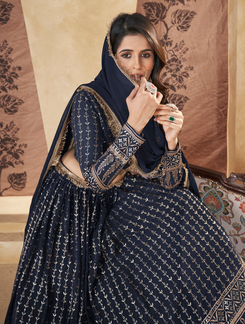 Navy Blue Georgette Lehenga Set With Foil Work