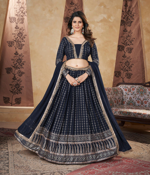 Navy Blue Georgette Lehenga Set With Foil Work