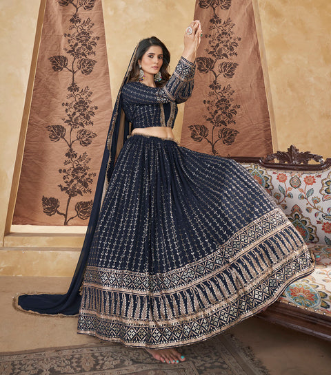 Navy Blue Georgette Lehenga Set With Foil Work