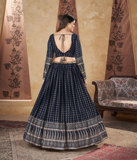 Navy Blue Georgette Lehenga Set With Foil Work