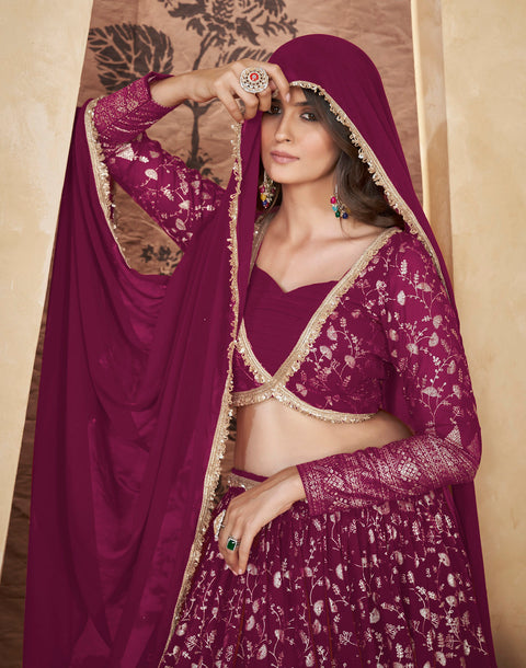 Deep Pink Georgette Lehenga Set With Foil Work