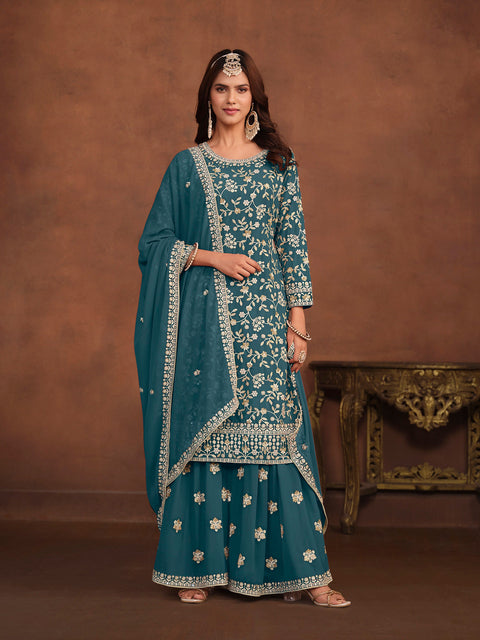 Turquoise Embroidery Georgette Salwar Suit