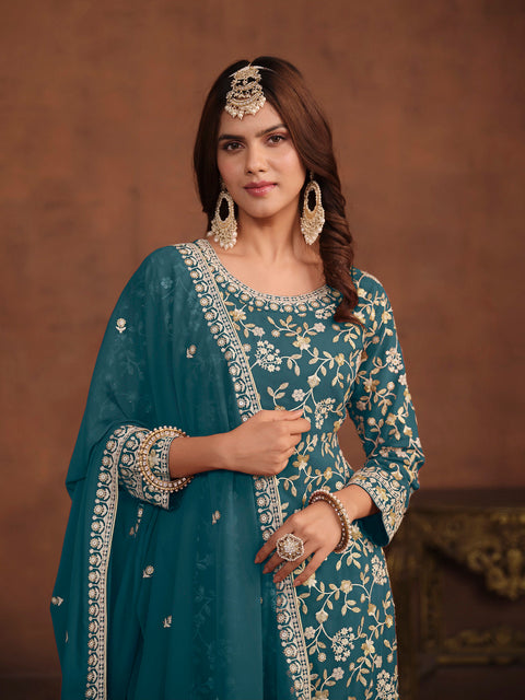 Turquoise Embroidery Georgette Salwar Suit