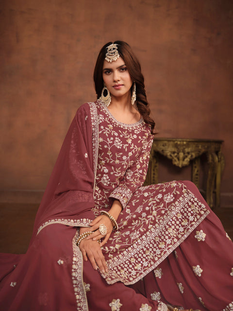 Brown Embroidery Georgette Salwar Suit