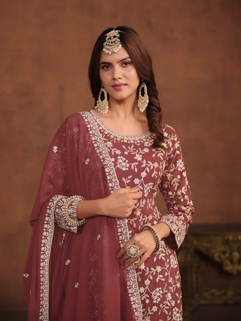 Brown Embroidery Georgette Salwar Suit