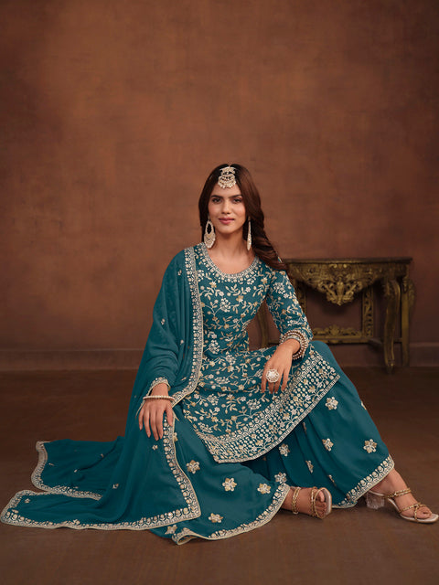 Turquoise Embroidery Georgette Salwar Suit