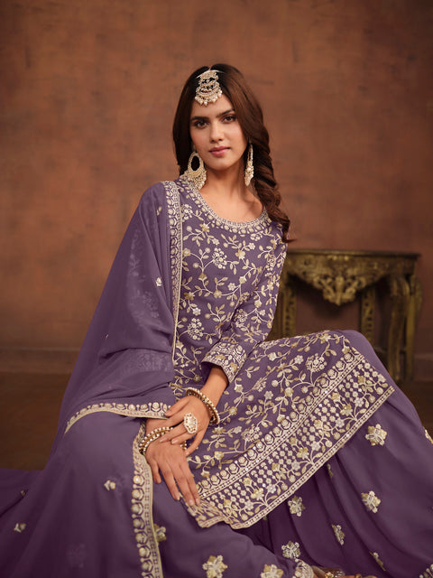 Purple Embroidery Georgette Salwar Suit