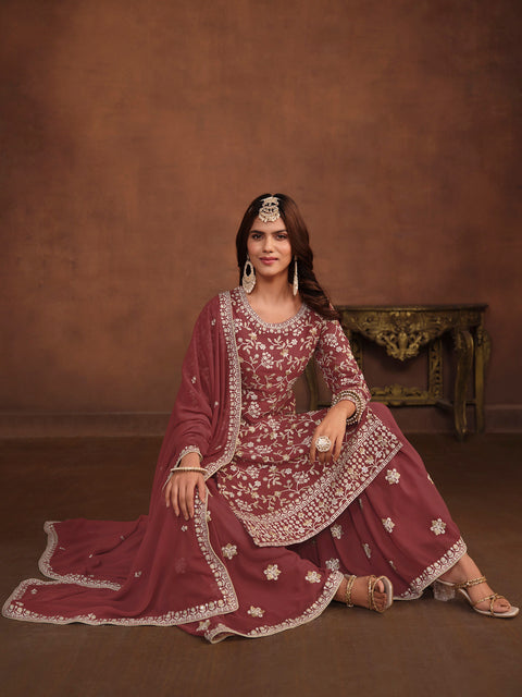 Brown Embroidery Georgette Salwar Suit
