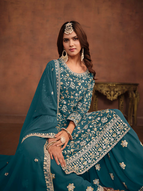 Turquoise Embroidery Georgette Salwar Suit