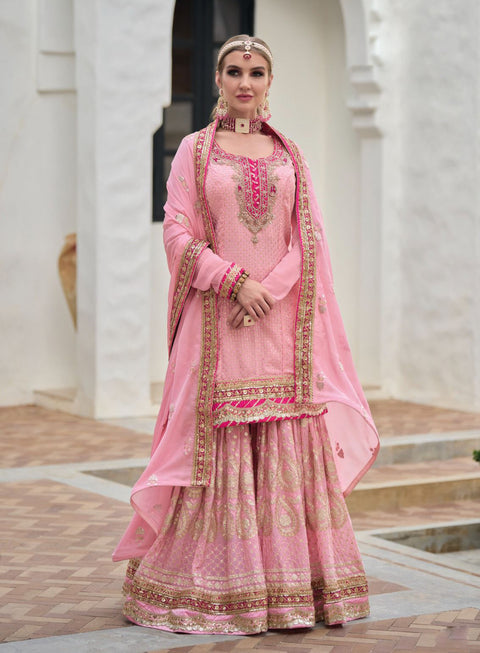 Pink Partywear Sequins Embroidered Georgette Sharara Suit