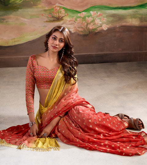 Red and Yellow Woven Georgette Silk Saree