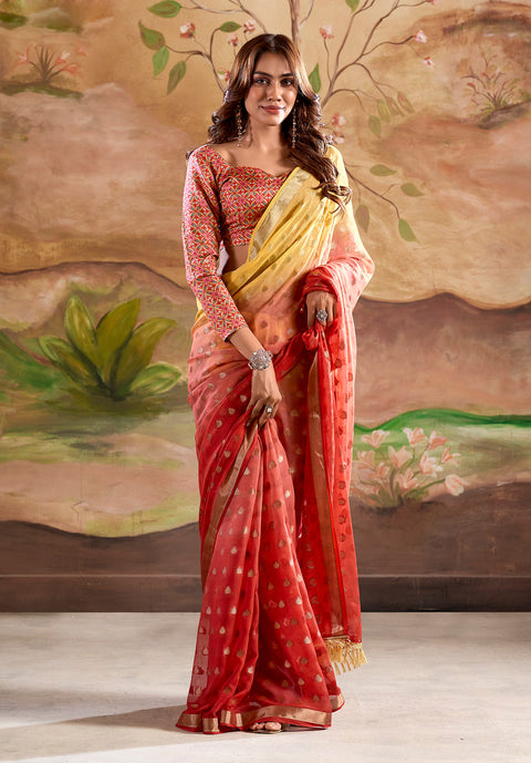 Red and Yellow Woven Georgette Silk Saree