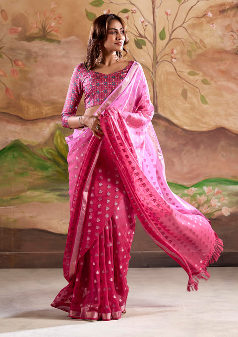 Dual shaded Pink Woven Georgette Silk Saree