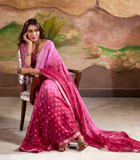 Dual shaded Pink Woven Georgette Silk Saree