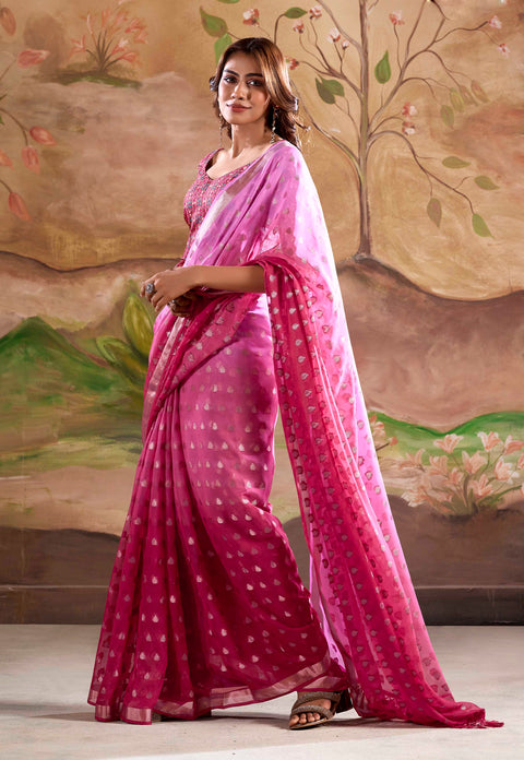 Dual shaded Pink Woven Georgette Silk Saree