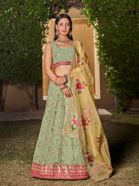 Green Sequins Embroidered Georgette Lehenga Choli