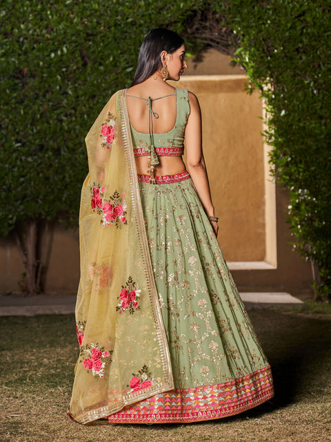 Green Sequins Embroidered Georgette Lehenga Choli