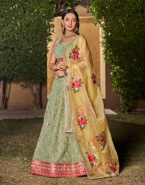 Green Sequins Embroidered Georgette Lehenga Choli