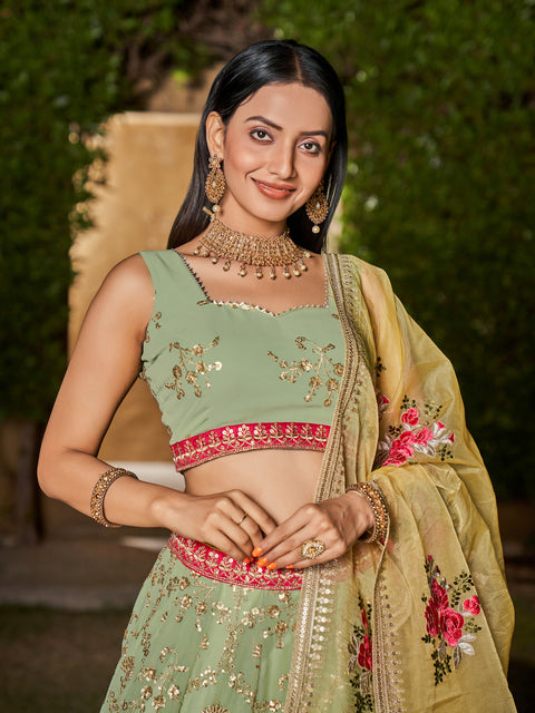 Green Sequins Embroidered Georgette Lehenga Choli