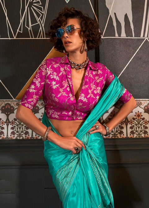 Teal Green Hand Woven Viscose Silk Saree