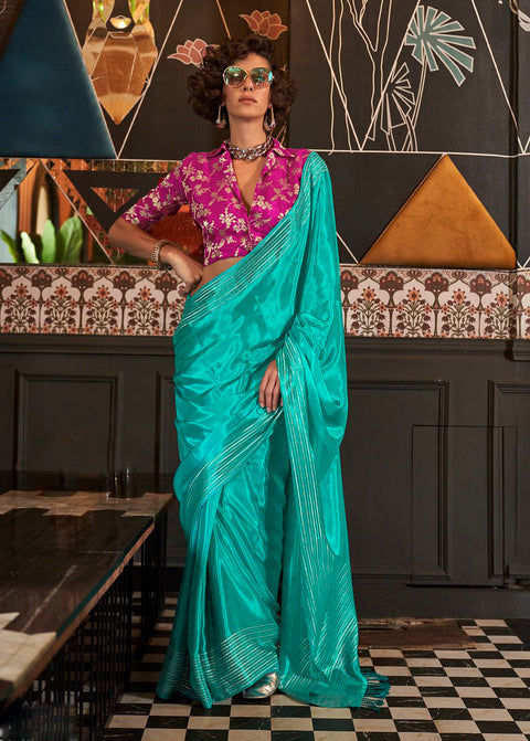 Teal Green Hand Woven Viscose Silk Saree