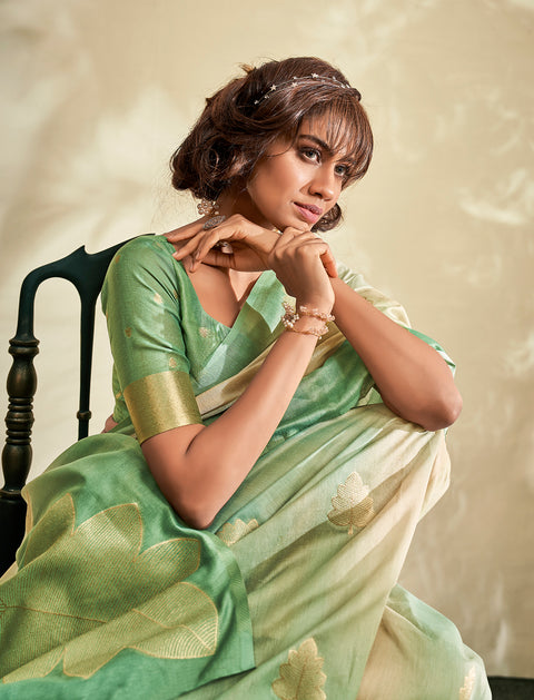 Green Digital Printed Textured Handloom Khadi Silk Saree