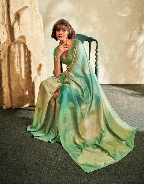 Green Digital Printed Textured Handloom Khadi Silk Saree