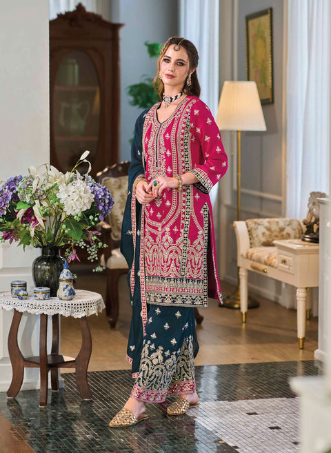 Rani Pink Silk Embroidered Traditional Pant Style Suit