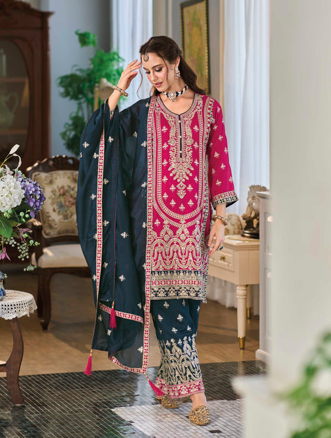 Rani Pink Silk Embroidered Traditional Pant Style Suit