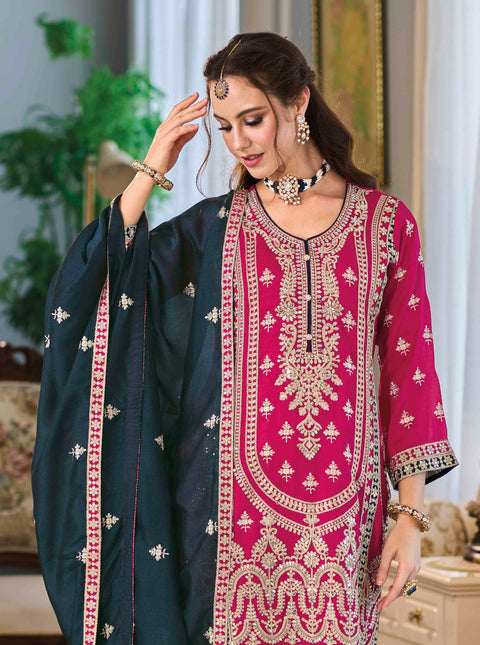 Rani Pink Silk Embroidered Traditional Pant Style Suit