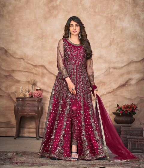 Magenta Premium Soft Net Heavy Designer Indo Western Suit