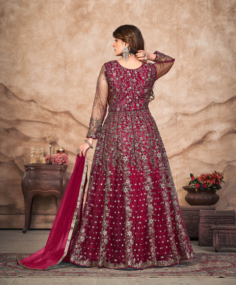 Magenta Premium Soft Net Heavy Designer Indo Western Suit