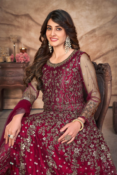 Magenta Premium Soft Net Heavy Designer Indo Western Suit