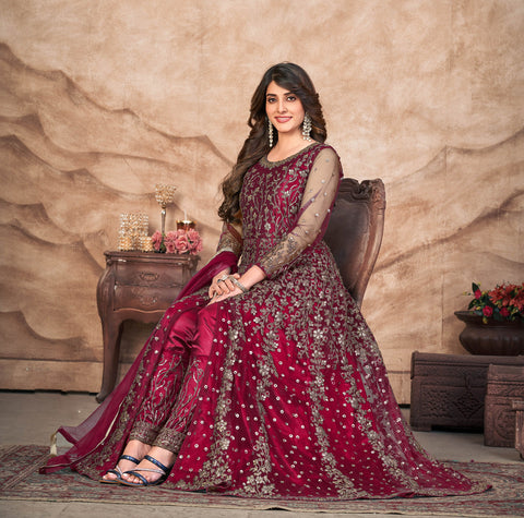 Magenta Premium Soft Net Heavy Designer Indo Western Suit