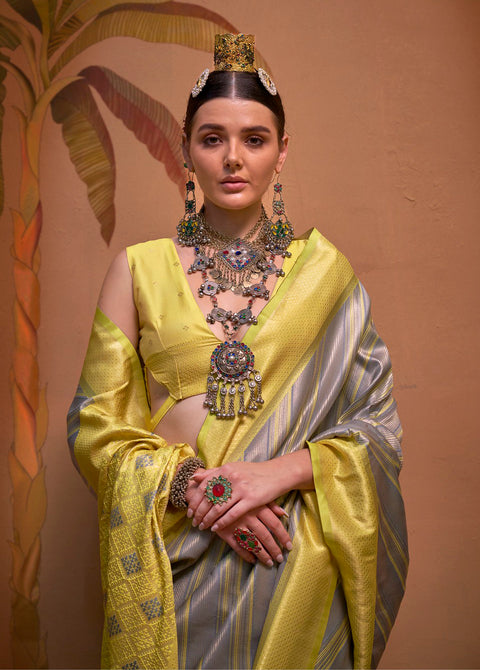 Yellow And Grey Woven Soft Silk Kalamkari Saree