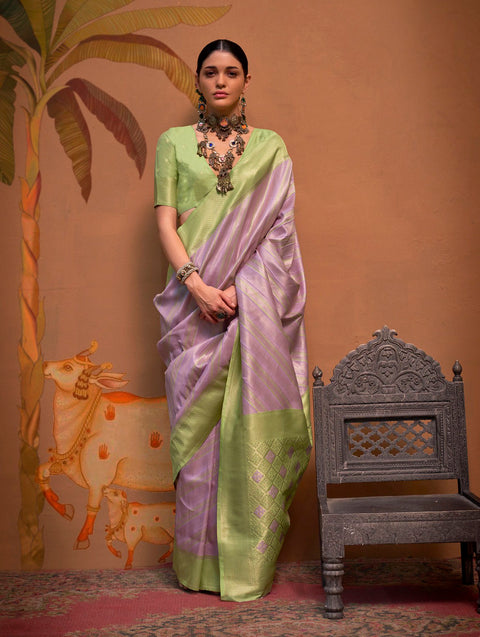 Purple And Green Woven Soft Silk Kalamkari Saree