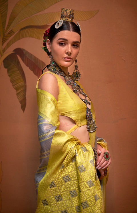 Yellow And Grey Woven Soft Silk Kalamkari Saree